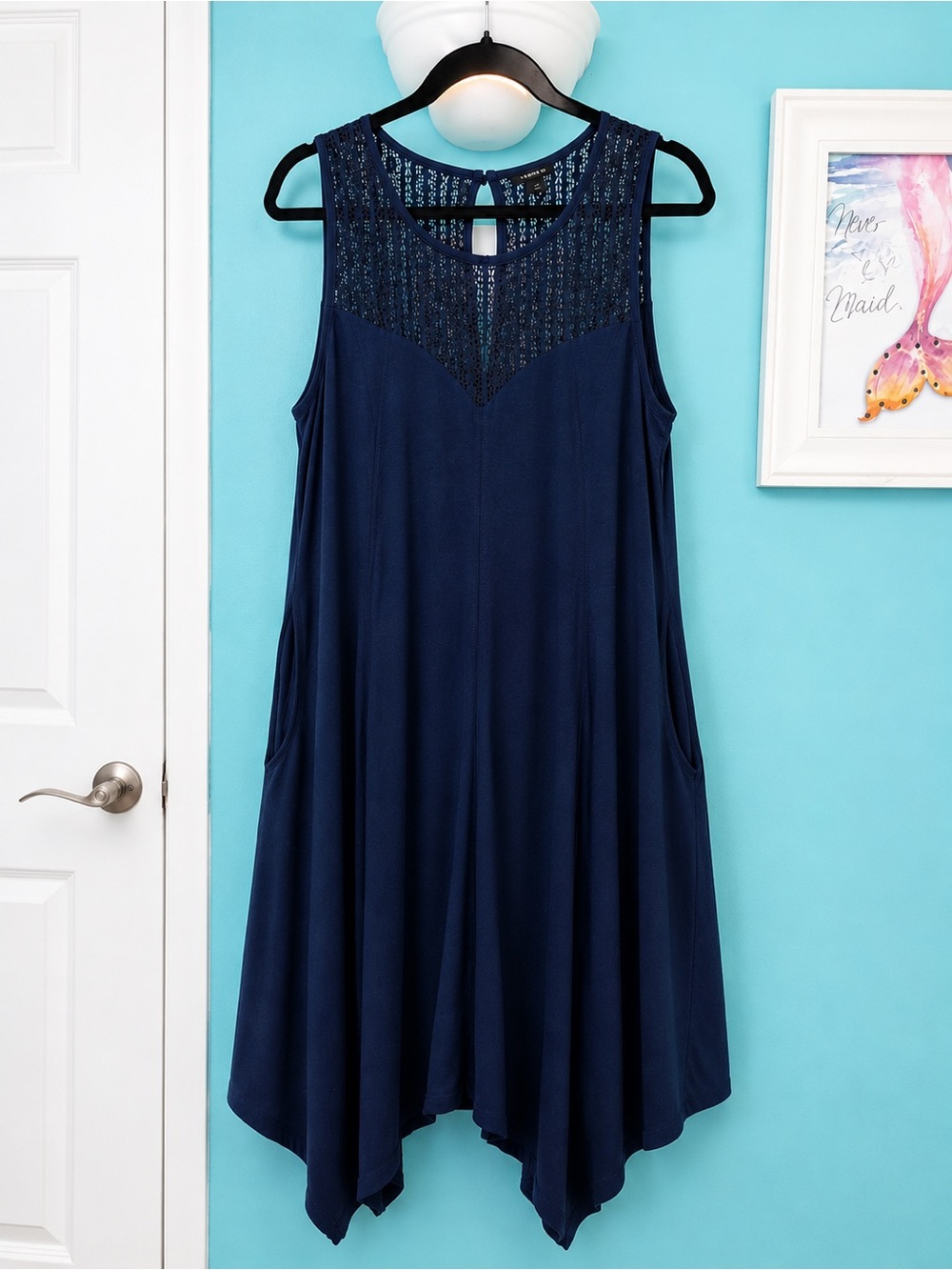torrid Navy Sleeveless Asymmetrical Hem Dress with Lace Yoke